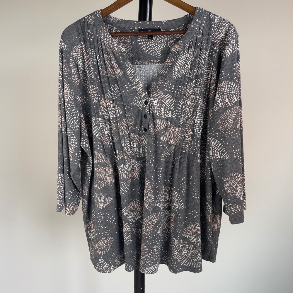 Fred David Grey Abstract Print Pleated Henley Blouse 3/4 Sleeve Plus Size 2X